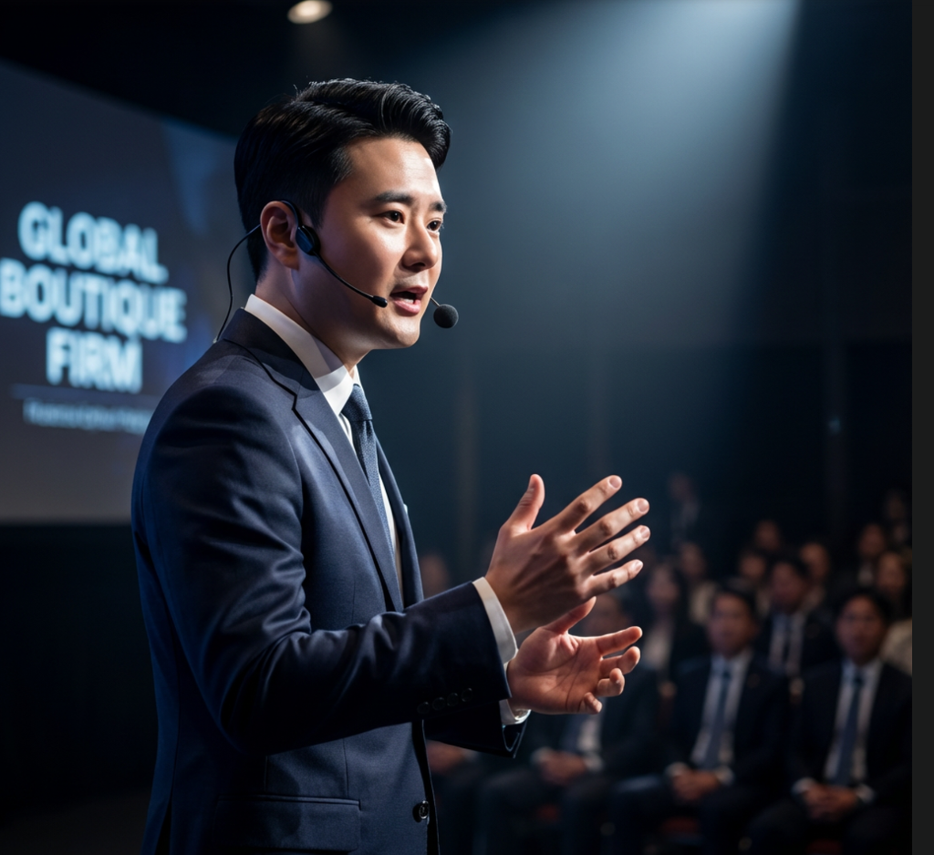 무대에서 발표하는 STRATEGY 김정성 대표